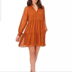 1. STATE Long Sleeve V-Neck Tiered Chiffon Babydoll Dress in Pumpkin Spice